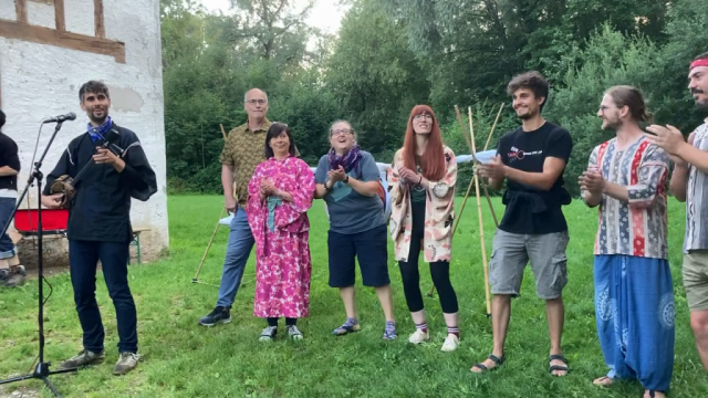 Me performing utasanshin for a group of Eisa dancers outdoors