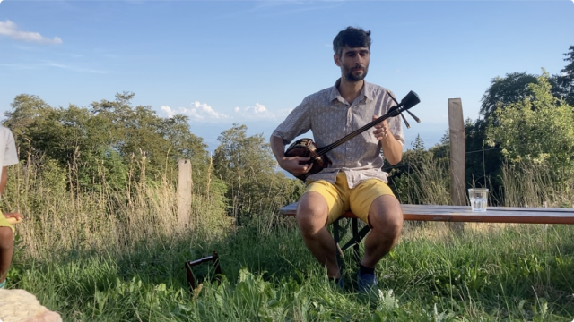 Me performing utasanshin in front of a mountaneous scenery